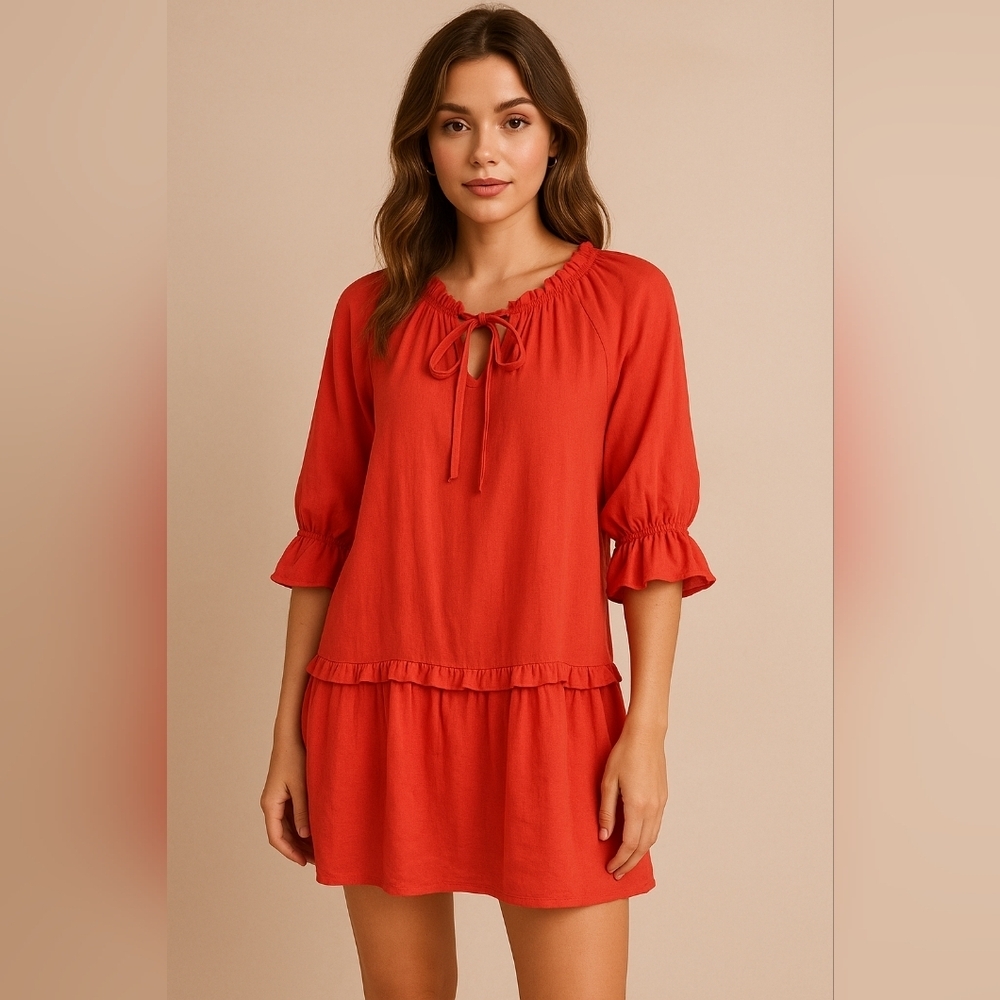 M Shopthemint Women’s Size M Red Linen Cotton Ruffle Peasant‎ Tunic Dress Boho